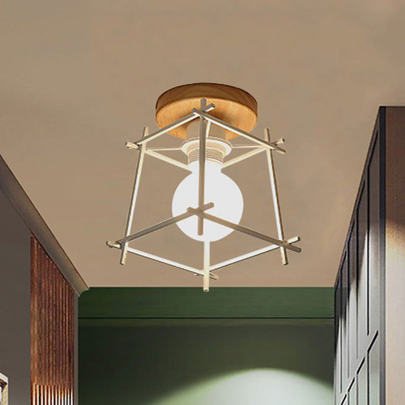 1 Head Iron Ceiling Lighting Retro Style Black/White Global/Squared Cage Shade Porch Rotatable Semi Flush Mount Light