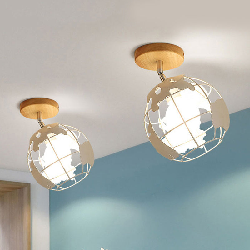 1 Head Iron Ceiling Lighting Retro Style Black/White Global/Squared Cage Shade Porch Rotatable Semi Flush Mount Light