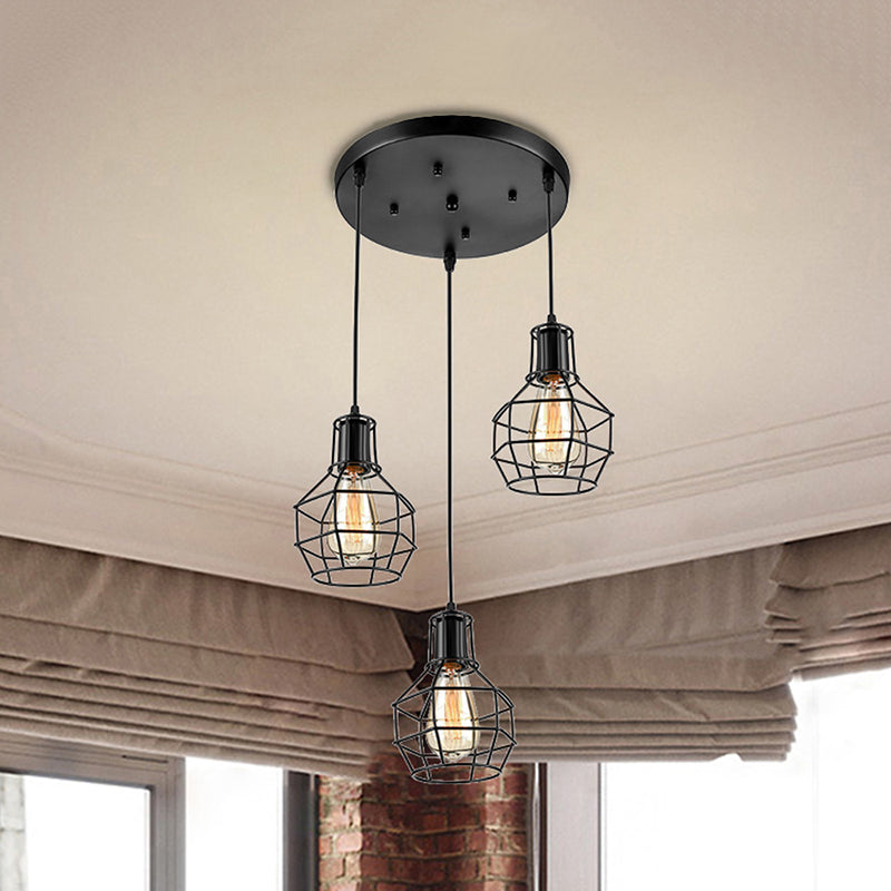 3/7 Heads Hanging Lamp Vintage Global Cage Shade Metallic Pendant Lighting with Round Canopy in Black