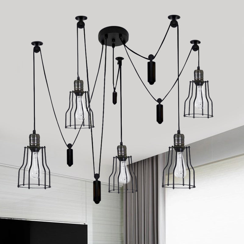 5 Glühbirnen Spinnen Anhänger Licht mit Drahtschutz Schatten Bauernhaus Stil Schwarz Finish Metall Deckenleuchte für Schlafzimmer