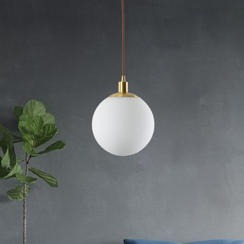 6"/8"/10" Wide Milky Glass Ball Pendant Light Post Modern Led Hanging Ceiling Lamp in Brass