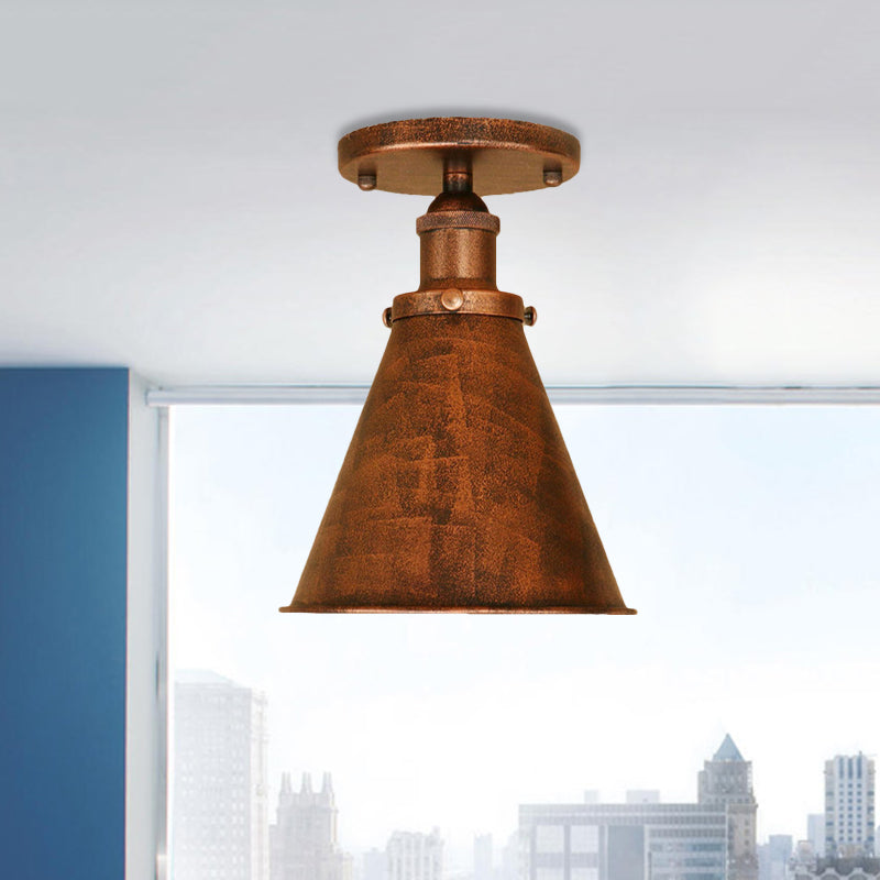 1 Light Metallic Semi Flush Light Vintage Style Rust/Copper Tapered Indoor Semi Flush Light Fixture