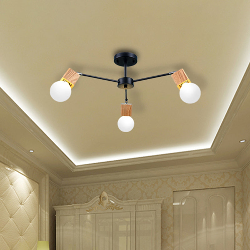 3/5-Light Ceiling Lamp Loft Industrial Open Bulb Metal Semi Flush Light in Wood for Bedroom
