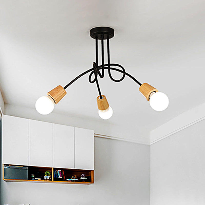 Metal Open Bulb Ceiling Light Fixture with Twisted Arm Loft Style 3/5 Lights Kitchen Semi Flush Pendentif Light in Wood