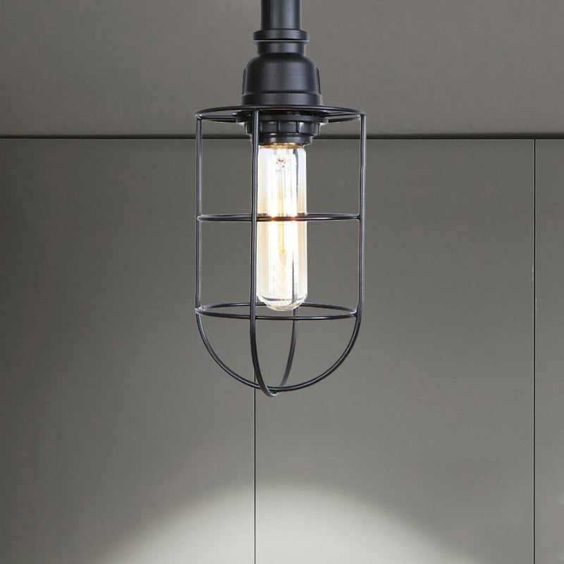 Black / Bronze 1 Bulb Semi-Flush Mount Light Vintage Metal Wire Guard Ceiling Mounted Light for Corridor