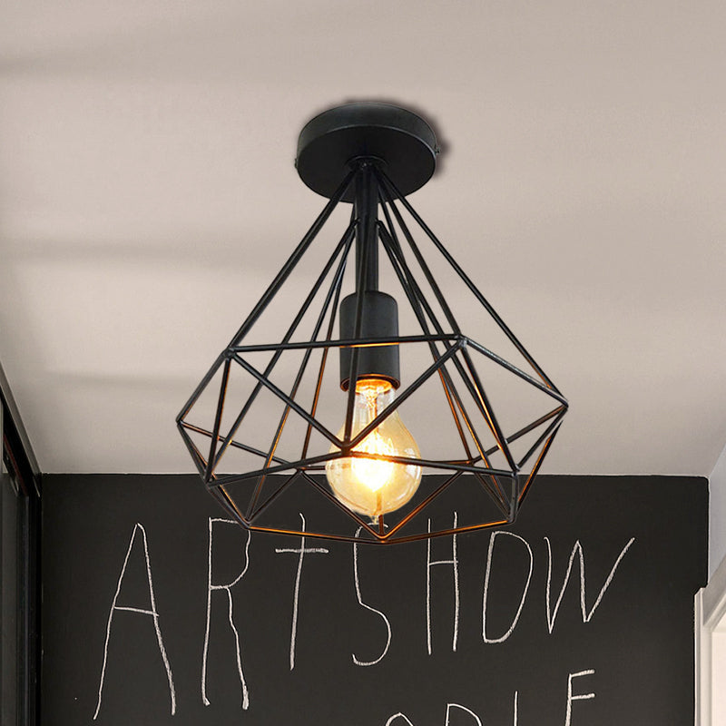 1 Kopf Semi Flush Light Industrial Stylish Cage Diamant Metallic Deckenleuchte Leuchte in Schwarz/Weiß für Schlafzimmer