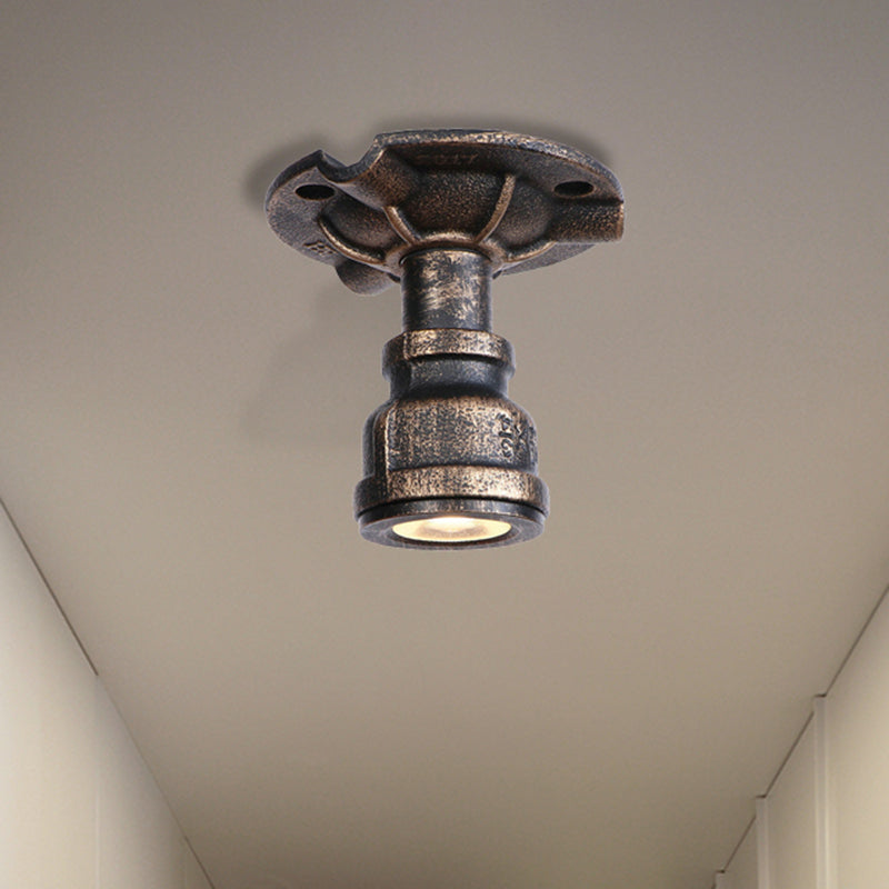 1 Light Metal Semi Flush Light Rustic Industrial Antique Brass Water Pipe Hallway Ceiling Mounted Light