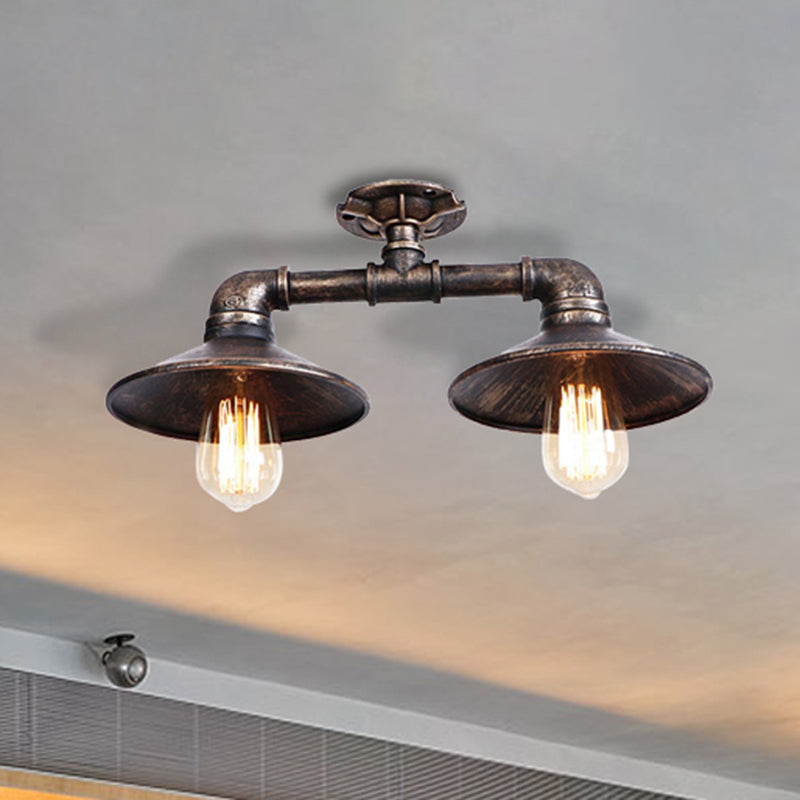 Saucer Wrought Iron Semi Flush Light Industrial Stylish 2 Lights Living Room Ceiling Mount Light in Bronze/Aged Silver