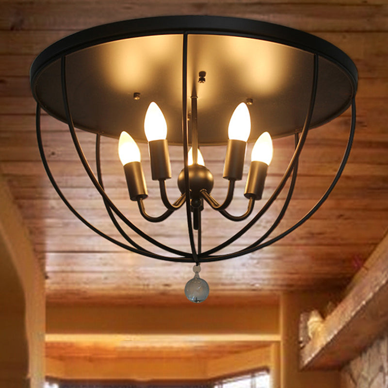 1/4/5-Head Wire Cage Flush Ceiling Light with Clear Crystal Ball Retro Black Metallic Flush Mount Light