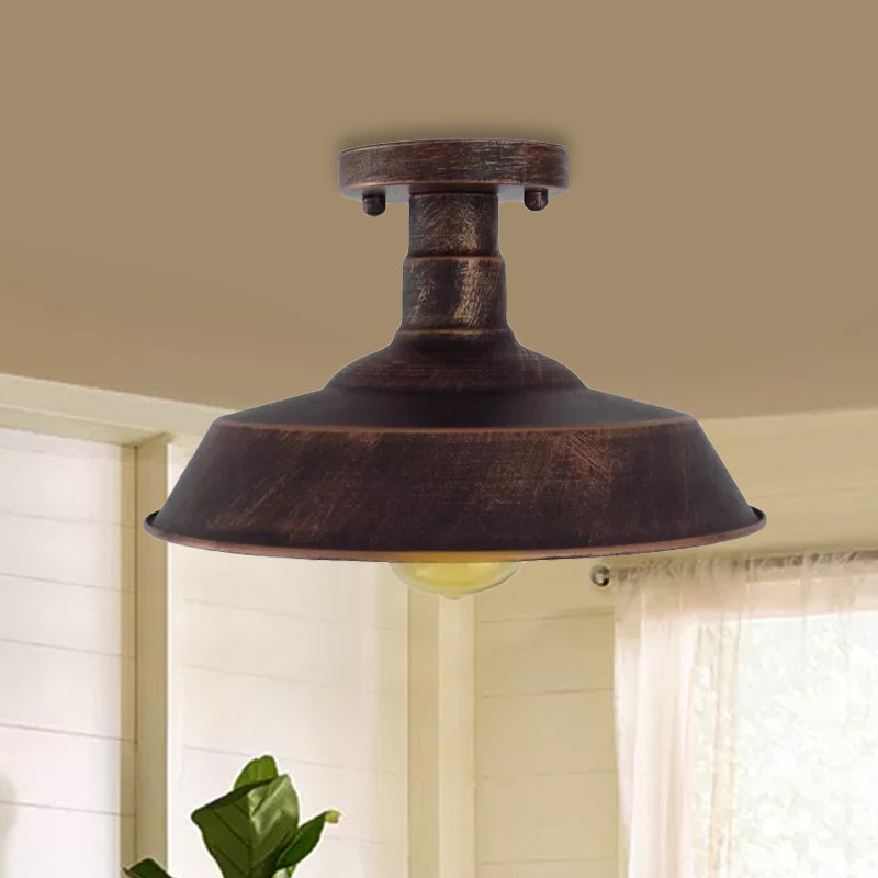 Farmhouse Barn Shade Semi-Flush Mount 1 Head Wrought Iron Ceiling Light Fixture in Aged Silver/Weathered Copper