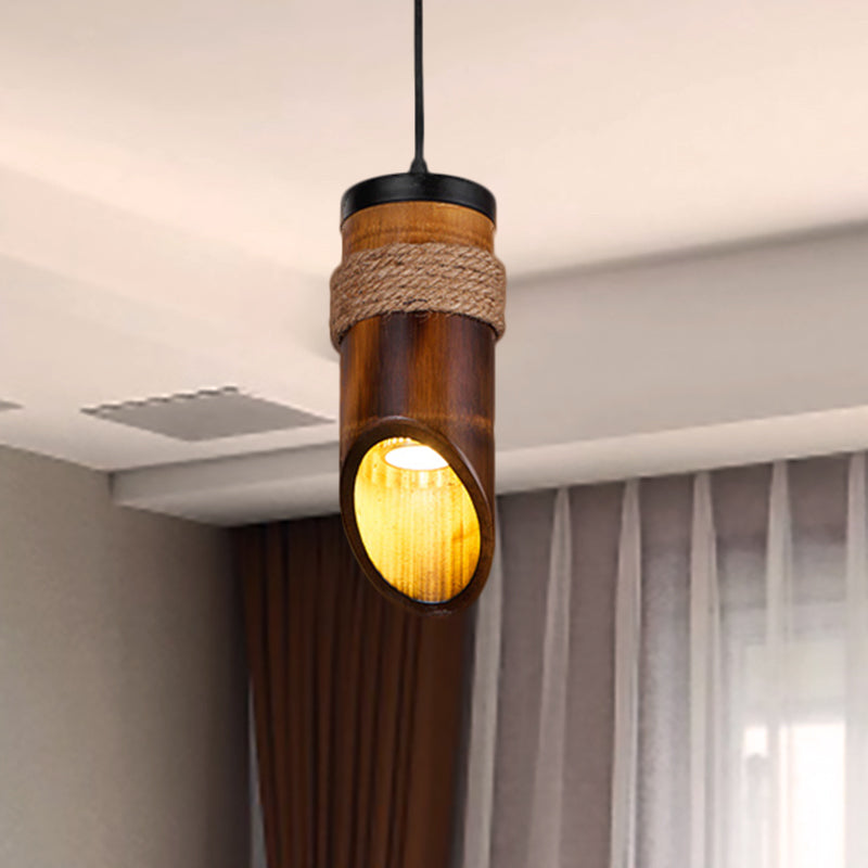 Bamboo Tubed Hanging Light Height Adjustable 1 Bulb Ceiling Pendant Lamp with Rope