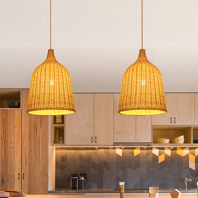 Handgefertigter Bambuseimer Hanging Lampe Rustikale Einzelbirne Anhängerleuchte in Beige