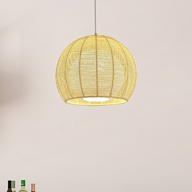 Beige/Flaxen Orb Hanging Light Rustic Rope Shade Single Pendant Lamp over Dining Table