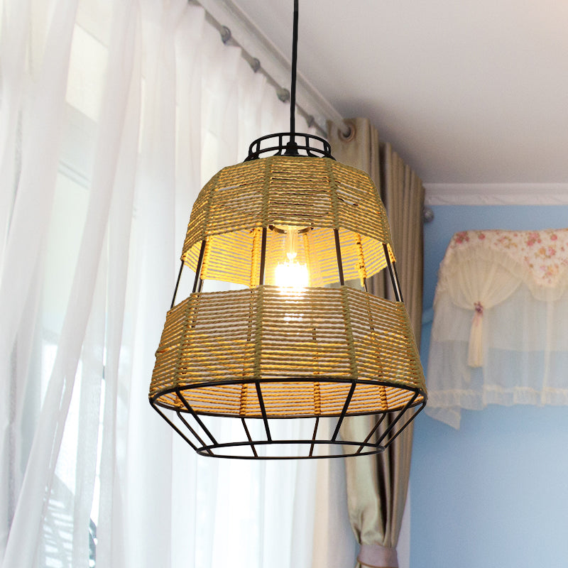 Fassmetall-Käfig-Hanglampe Chinesisches Strohseil 1-Licht beige Drop Deckenleuchte für Wohnzimmer Restaurant