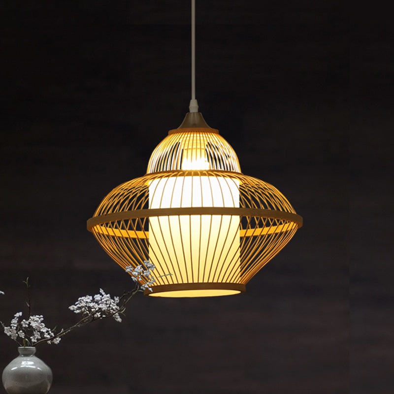 Beige Gourd Shaped Hanging Lighting Asian Stylish 1 Light Bamboo Pendant Lamp with Inner Cylinder Shade