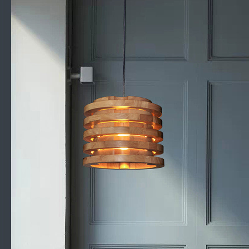 10 "/16" breite hölzerne zylindrische hängende leichte zeitgenössische 1 leichte Anhängerlampe im Naturholz für Wohnzimmer