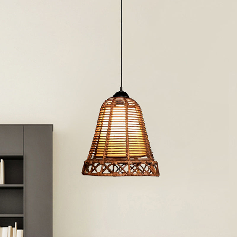 Rattan Bellform hängende hängende rustikale Stil 1 Kopf Beige Drop Light für Wohnzimmer Restaurant