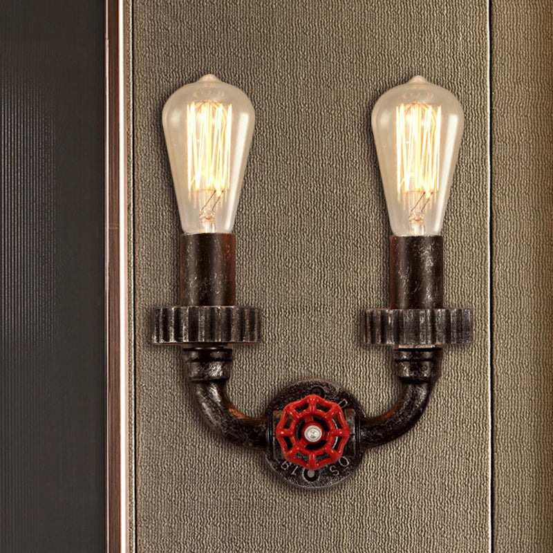 2 luces Luz de matriz de pared Vintage Iluminación de pared de hierro desnudo industrial con válvula de grifo rojo en óxido oscuro