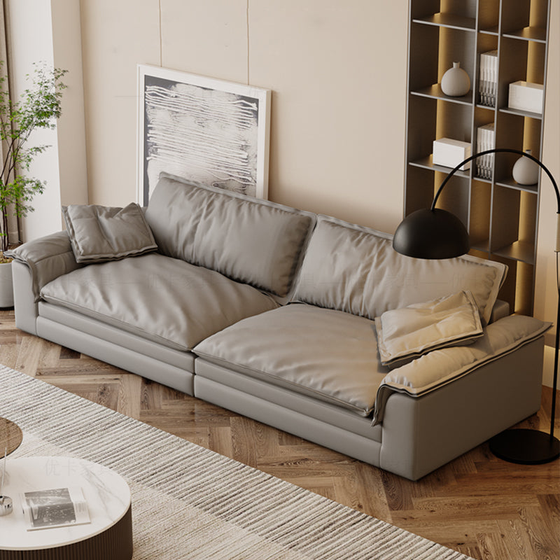 Grey Contemporary Faux Leather Pillow Top Arm Sofa with Loose Back for Living Room