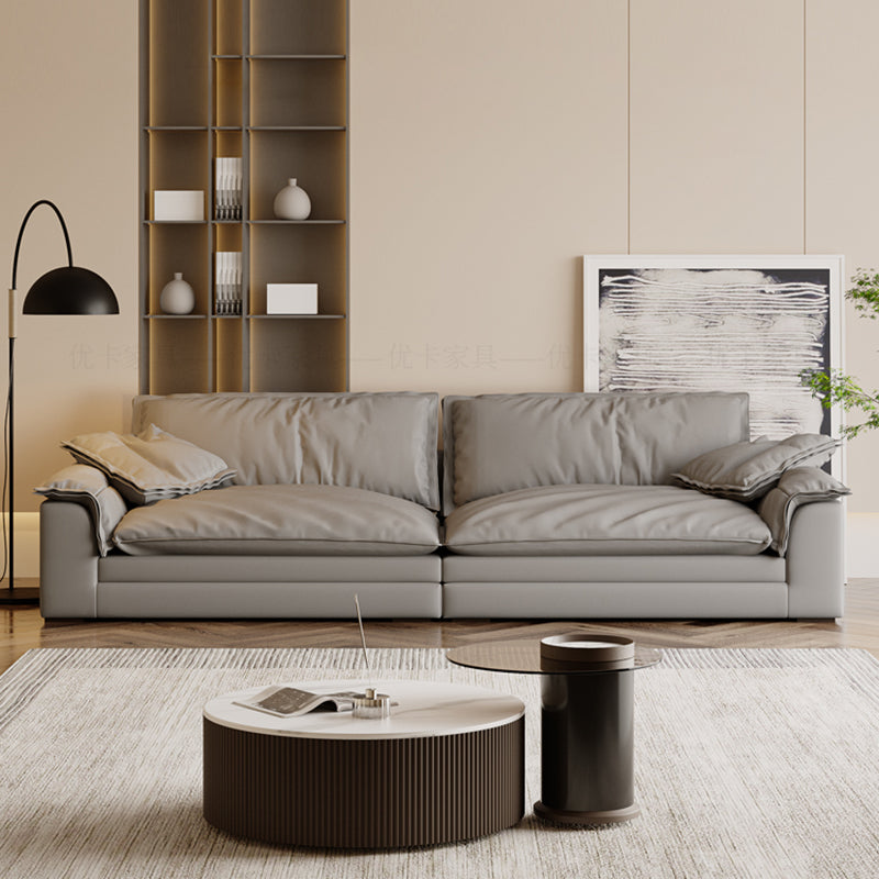 Grey Contemporary Faux Leather Pillow Top Arm Sofa with Loose Back for Living Room