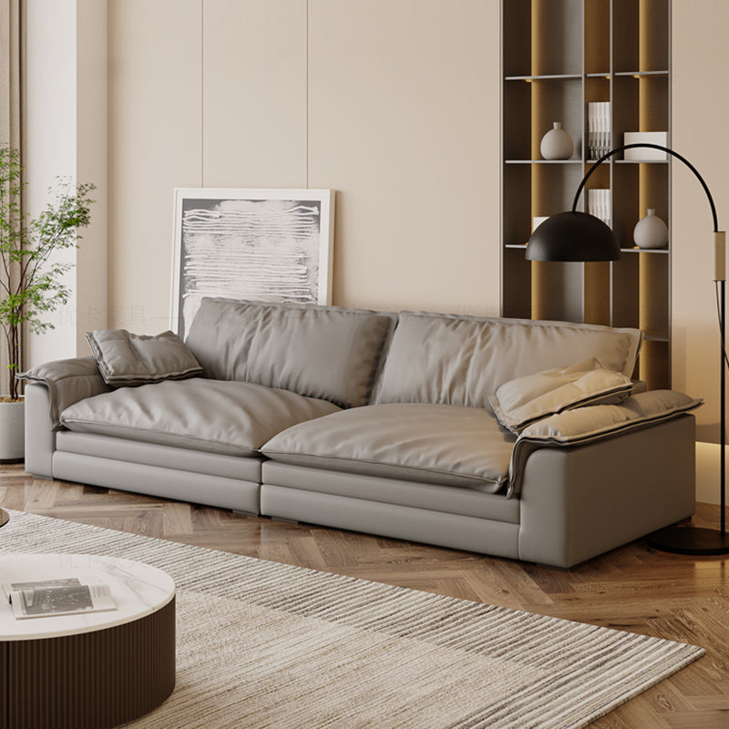 Grey Contemporary Faux Leather Pillow Top Arm Sofa with Loose Back for Living Room