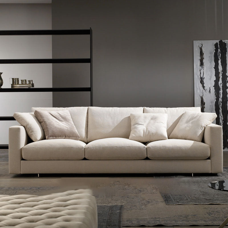 White Slipcovered Fabric Settee Recessed Arm Sofa with Pillows