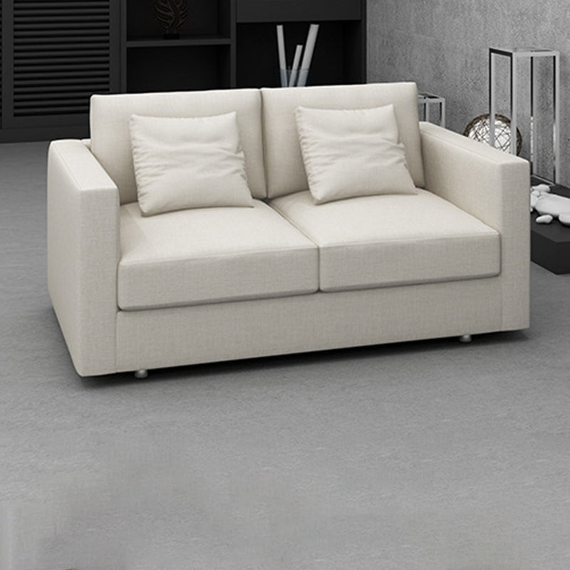 White Slipcovered Fabric Settee Recessed Arm Sofa with Pillows