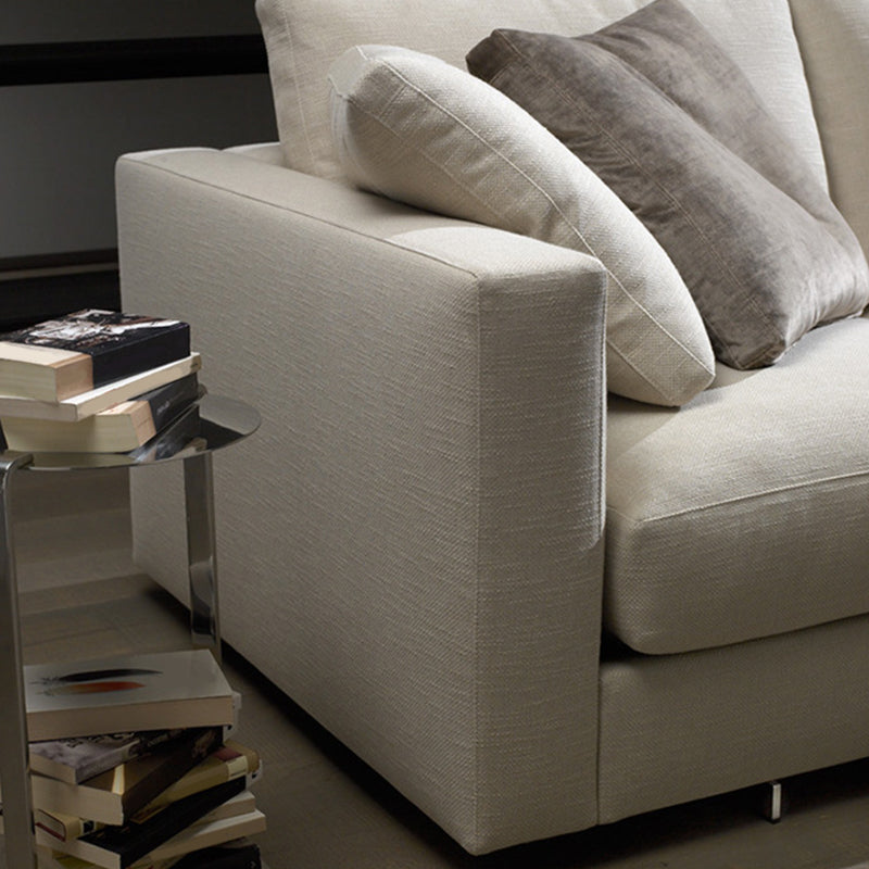 White Slipcovered Fabric Settee Recessed Arm Sofa with Pillows