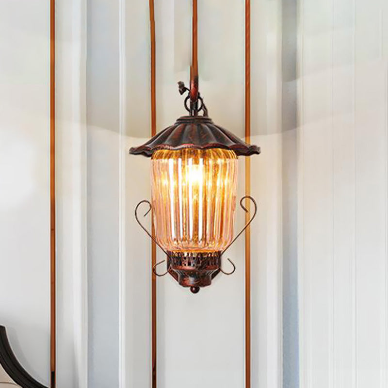 1 Light Pressed Ribbed Glass Wall Sconce Light Industrial Black Lantern Bedroom Lighting Fixture in Weathered Copper