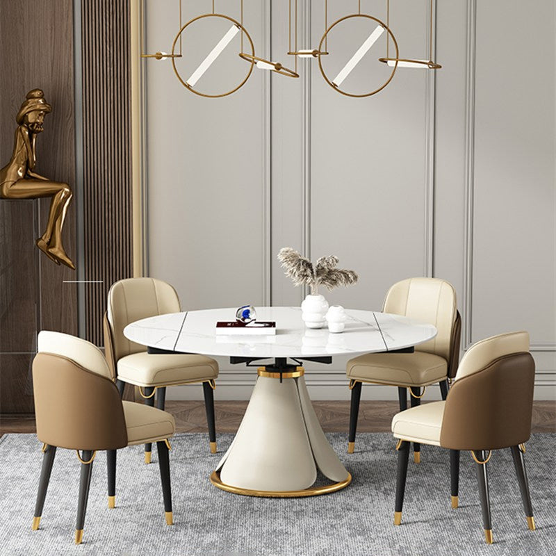 Glam 1/4/5/6/7/9 Pieces White Dining Table Set with Stone Top Round Scalable Dinette Set
