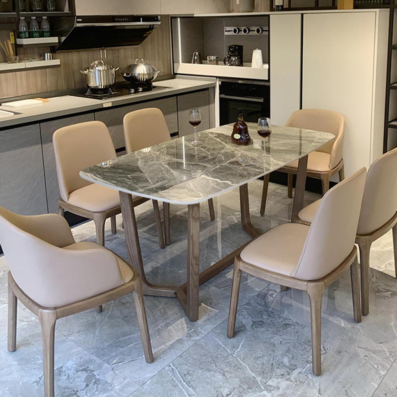 Mesa de comedor de piedra gris con mesa de comedor contemporánea con base de trineo
