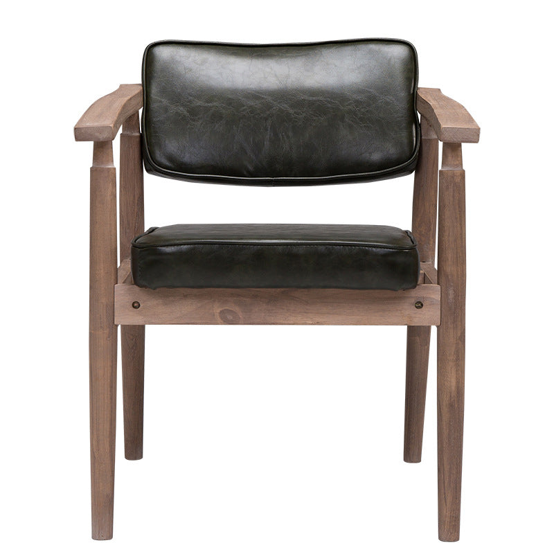 Silla de comedor de cuero con respaldo abierto de madera de caucho de granja con acabado mate