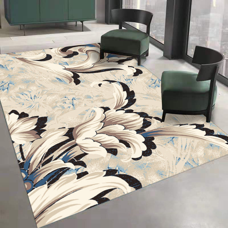 White Modern Rug Polyester Wave Pattern Rug Washable Rug for Living Room