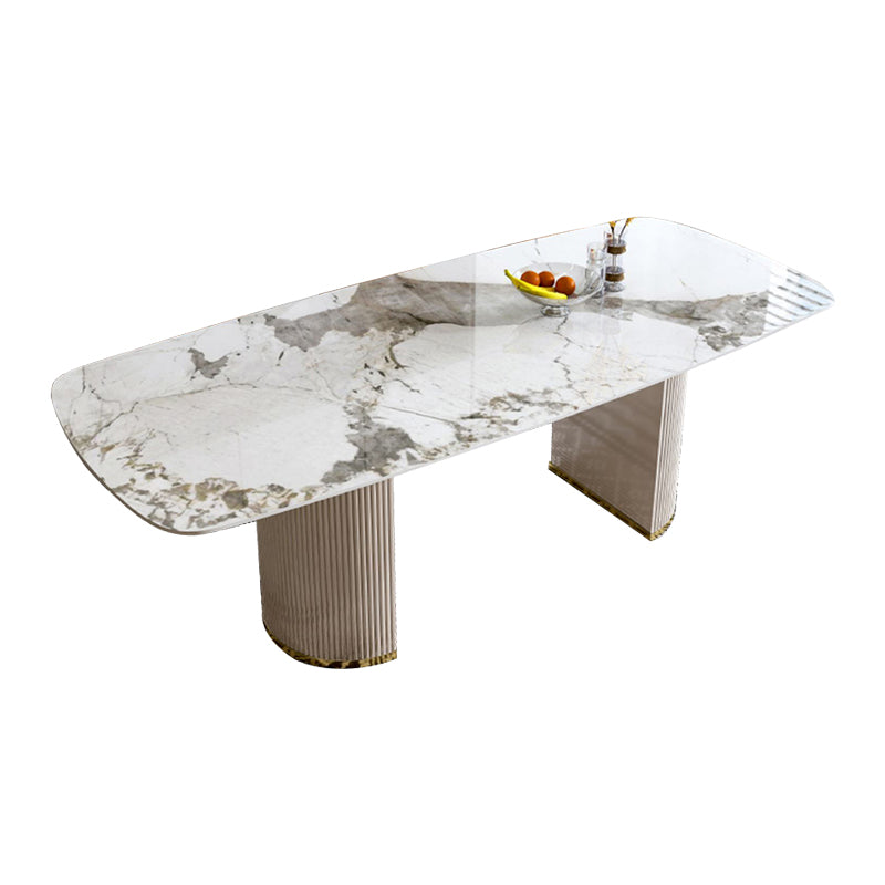 Luxury White Tone Dining Table Sintered Stone Table with Double Pedestal
