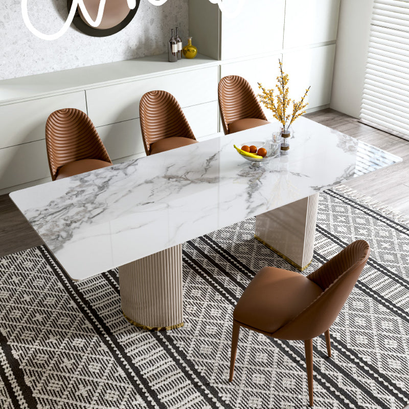 Luxury White Tone Dining Table Sintered Stone Table with Double Pedestal