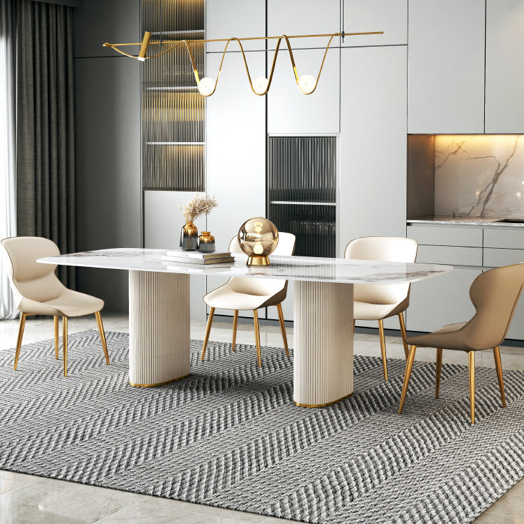 Luxury White Tone Dining Table Sintered Stone Table with Double Pedestal