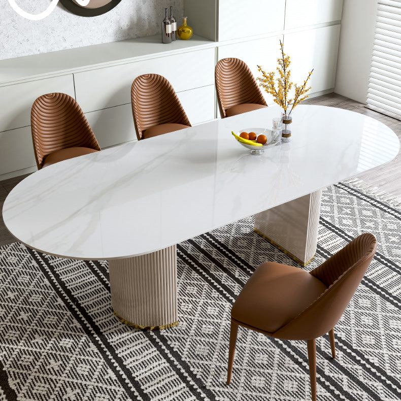 Luxury White Tone Dining Table Sintered Stone Table with Double Pedestal