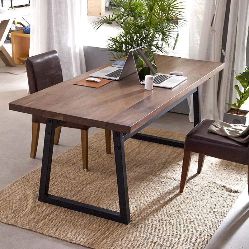 Industrial Pine Wood Table for Restaurant Rectangle Table with Metal Double Pedestal