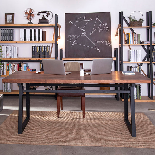 Industrial Pine Wood Table for Restaurant Rectangle Table with Metal Double Pedestal