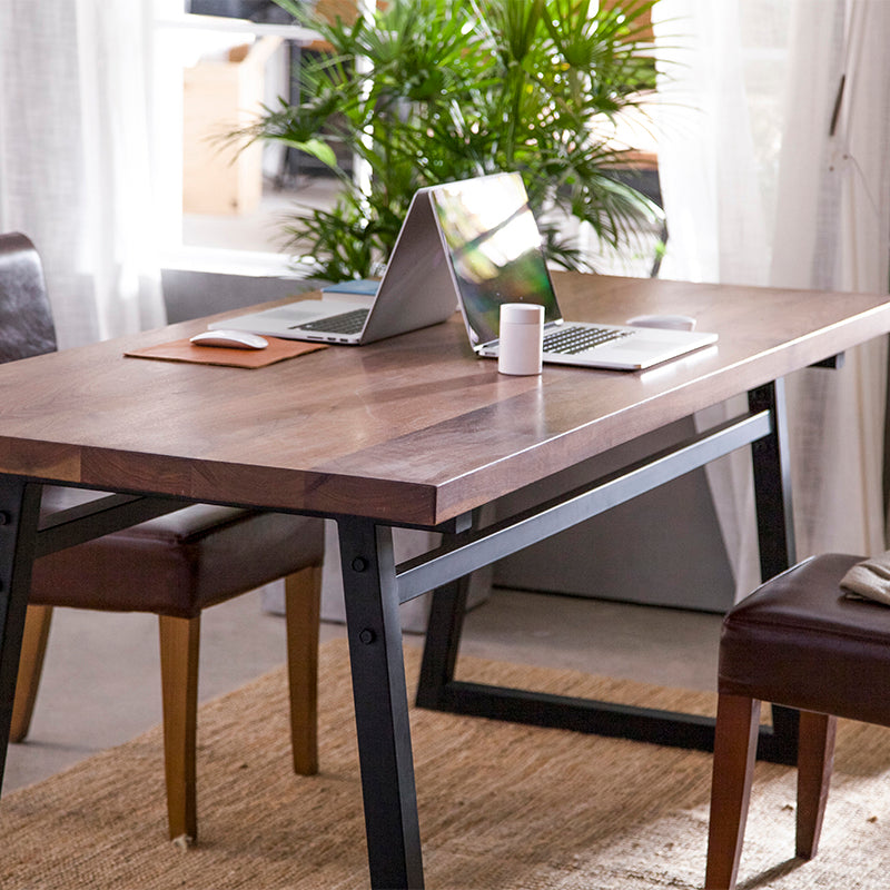 Industrial Pine Wood Table for Restaurant Rectangle Table with Metal Double Pedestal