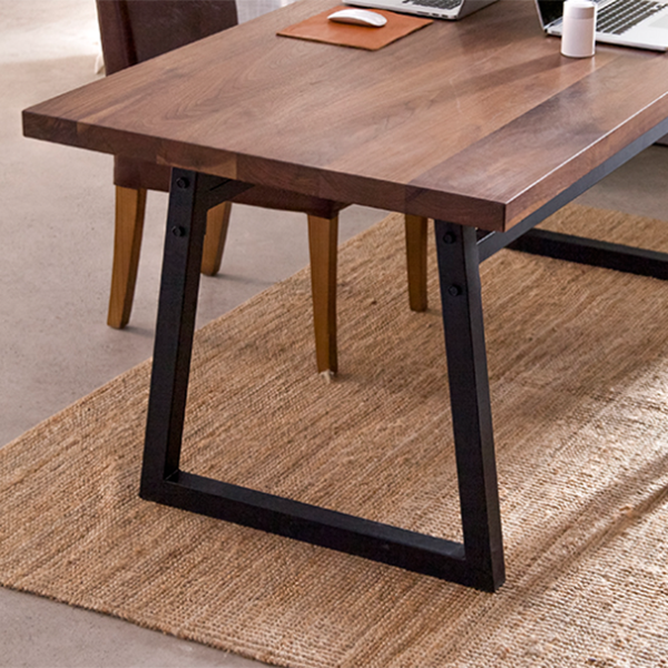 Industrial Pine Wood Table for Restaurant Rectangle Table with Metal Double Pedestal