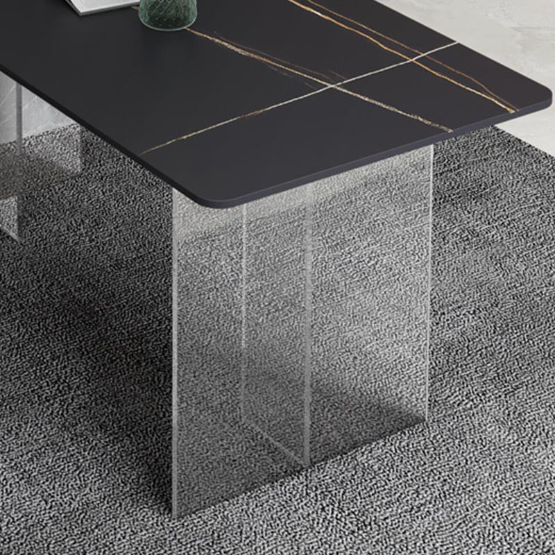 Mesa de comedor con tapa de piedra, mesa de comedor rectangular contemporánea con base de pedestal doble