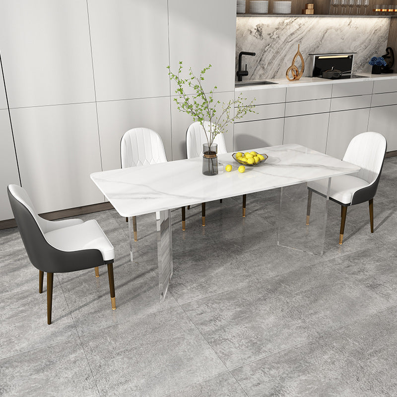 Eettafel met stenen blad Eigentijdse rechthoekige eettafel met dubbel voetstuk