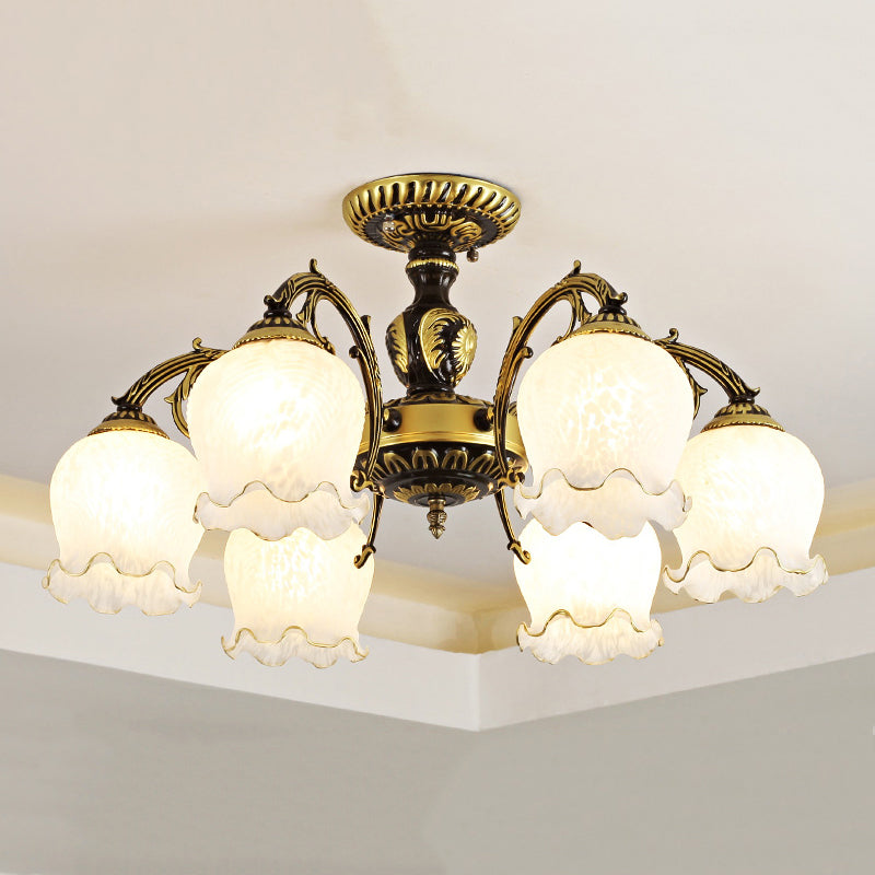 Lámpara semi rascilla de múltiples cabezas iluminación de techo de dormitorio tradicional con sombra de vidrio de flores