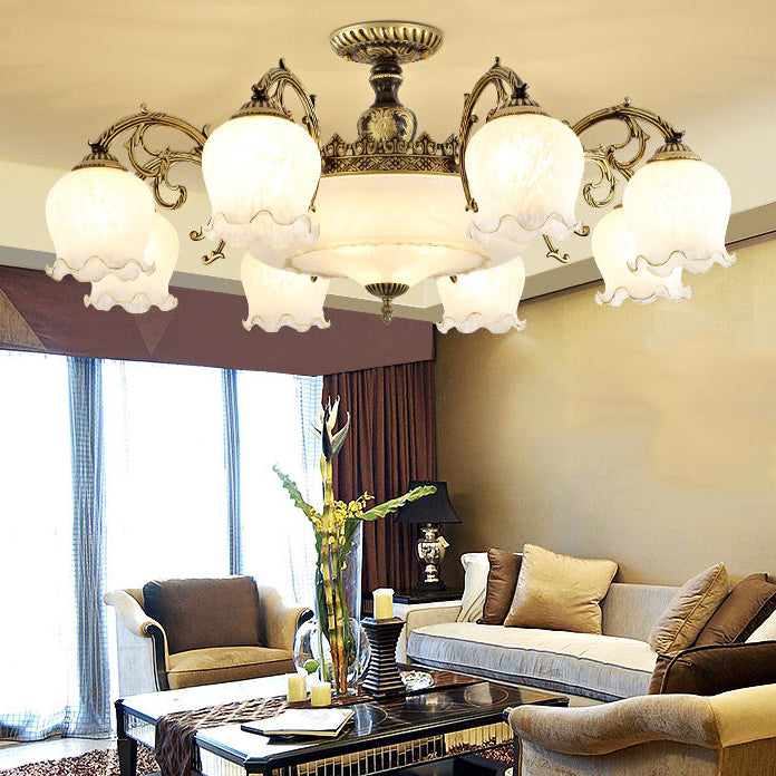 Lámpara semi rascilla de múltiples cabezas iluminación de techo de dormitorio tradicional con sombra de vidrio de flores
