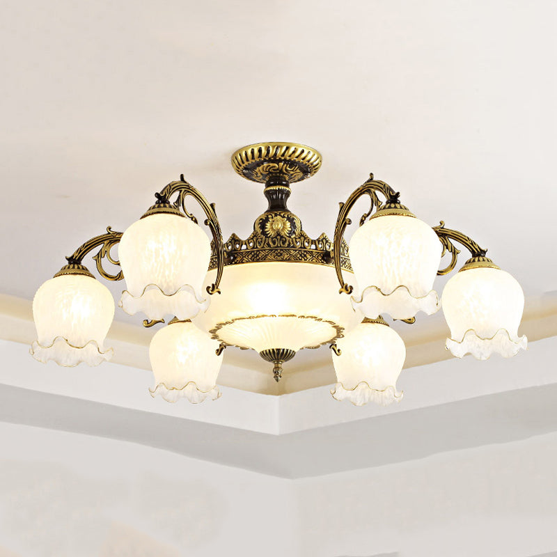 Lámpara semi rascilla de múltiples cabezas iluminación de techo de dormitorio tradicional con sombra de vidrio de flores