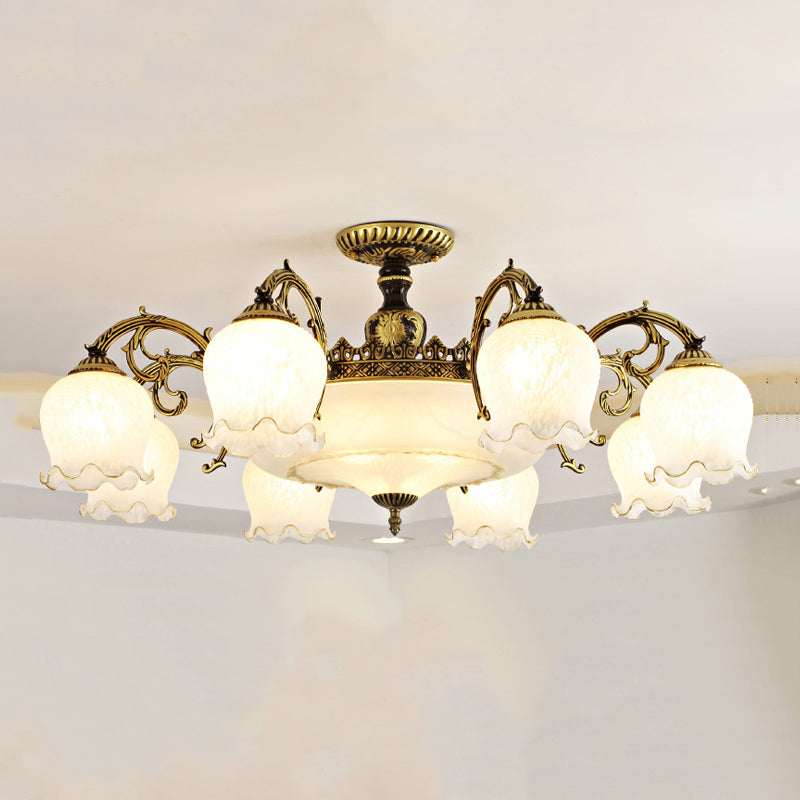 Lámpara semi rascilla de múltiples cabezas iluminación de techo de dormitorio tradicional con sombra de vidrio de flores