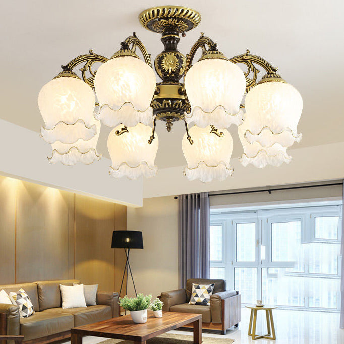 Lámpara semi rascilla de múltiples cabezas iluminación de techo de dormitorio tradicional con sombra de vidrio de flores