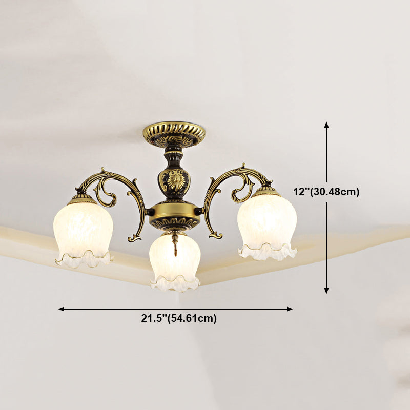 Lámpara semi rascilla de múltiples cabezas iluminación de techo de dormitorio tradicional con sombra de vidrio de flores
