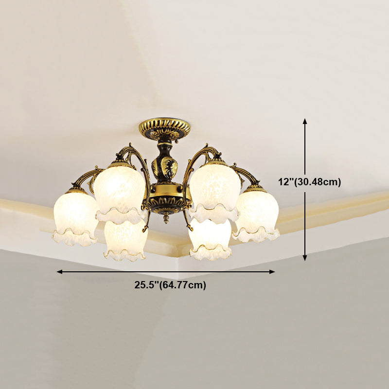 Lámpara semi rascilla de múltiples cabezas iluminación de techo de dormitorio tradicional con sombra de vidrio de flores